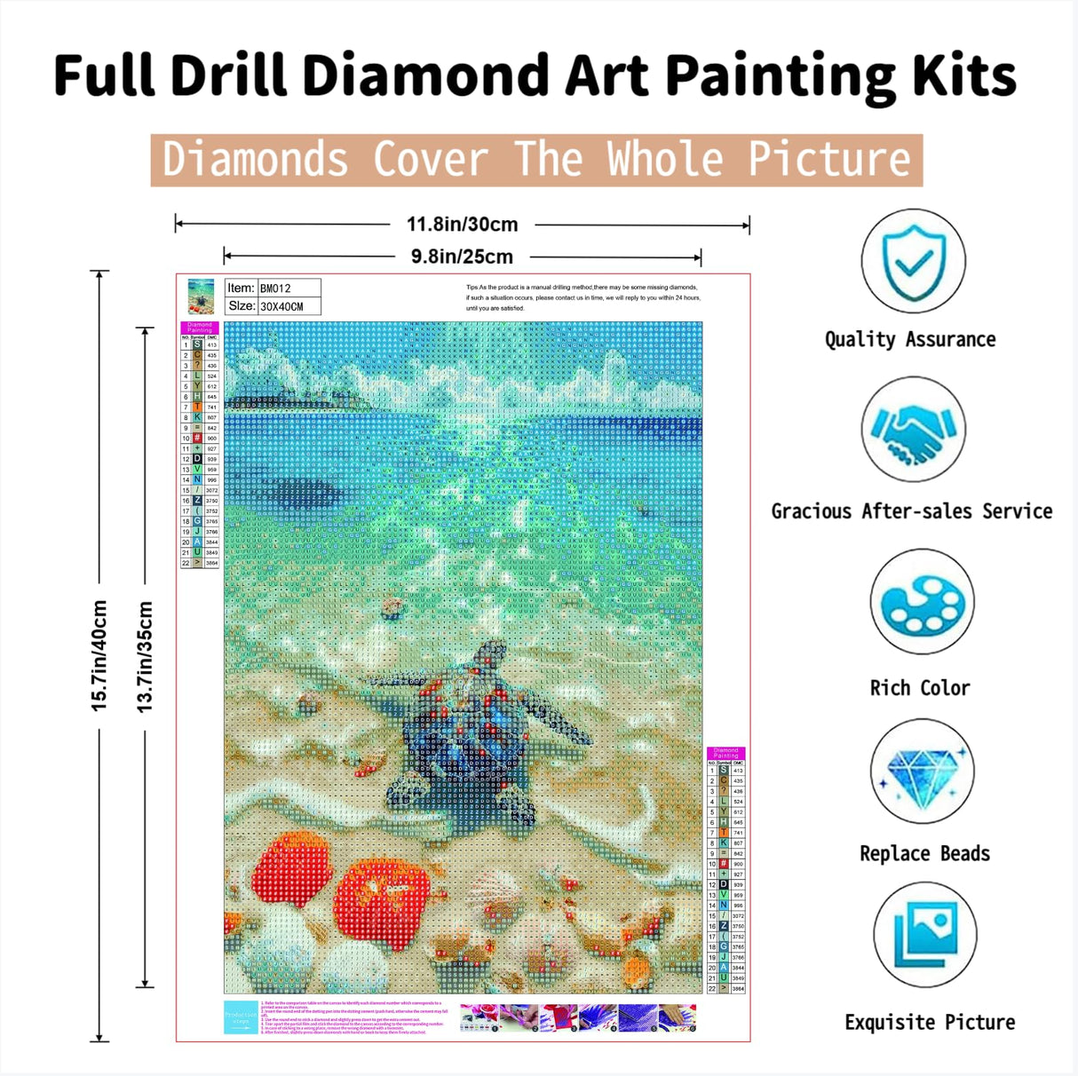 PINFFSHU 5D Diamond Painting Kits: Sea Turtle on Beach with Seashells - DIY Full Drill Relaxation Art for Adults & Beginners - Sparkling Gem Dots Crystal Coastal Scenery Home Wall Decor 12 x 16 Inch PINFFSHU