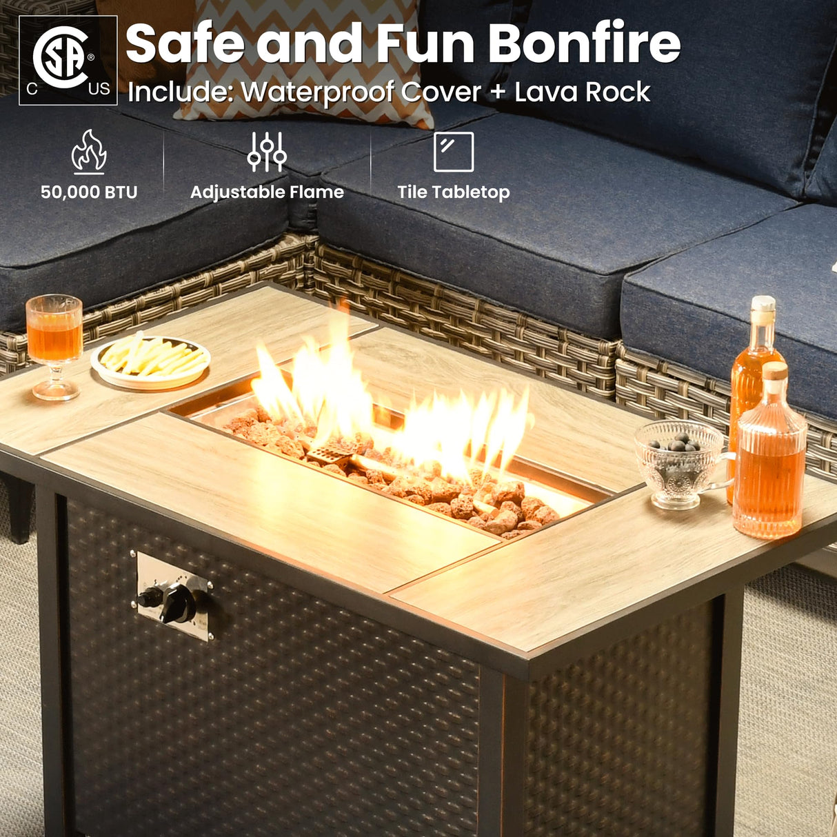 ovios 9 Pieces Patio Furniture Set Outdoor Sectional Sofa Couch with Fire Pit Table Rocking Swivel Chairs Deep Seat Chaise, Modern Modular Wicker Rattan Conversation Set, Denim Blue ovios