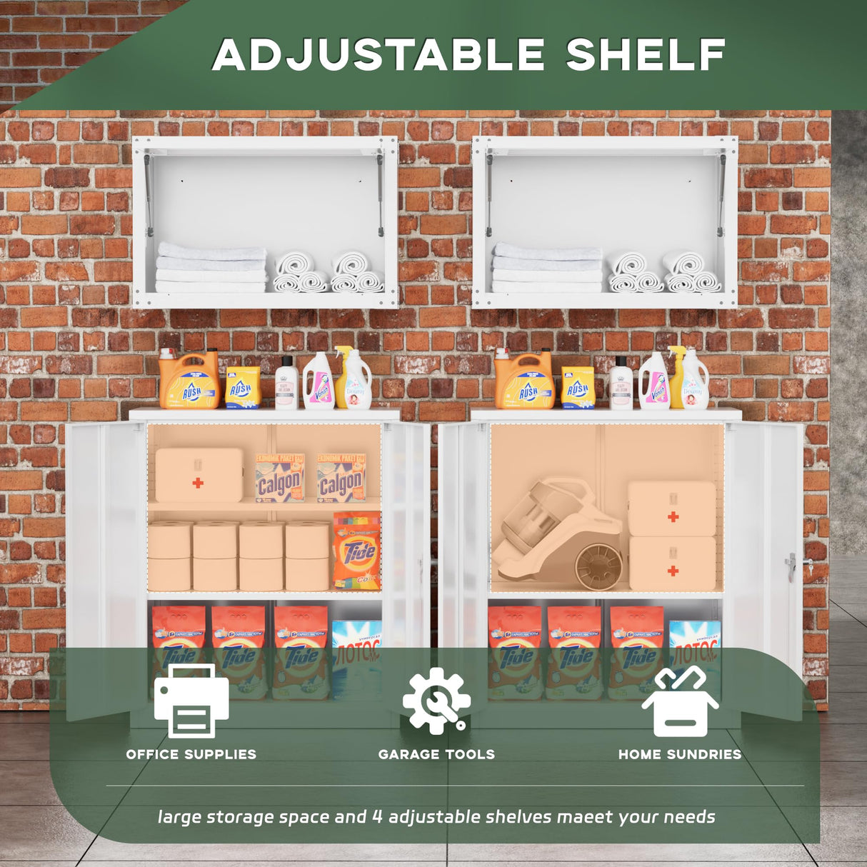 Greenvelly Metal Storage Cabinet, 42” Metal Locking Cabinet with Doors and 2 Adjustable Shelves, Small Steel Cabinet with Lock for Office, Garage, Home, School (White) Greenvelly