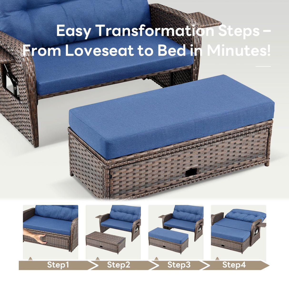 Belord Oversize Outdoor Daybed Set - Patio Recliner Loveseat with Storage Ottoman, Wicker Double Lounge Chair wth 5 Level Adjustable Backrest and 2 Retractable Table Belord