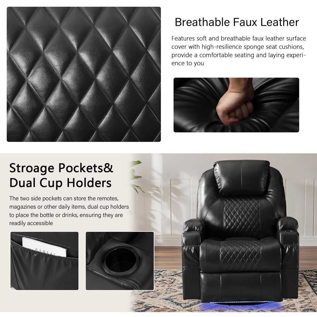 IBTKIG Power Swivel Rocker Recliner Chair with Massage and Heat/LED Lights/USB and Type-C Ports/Infinite Position/Cup Holder, Electric Glider Reclining Sofa for Nursery Living Room (1, Black) IBTKIG