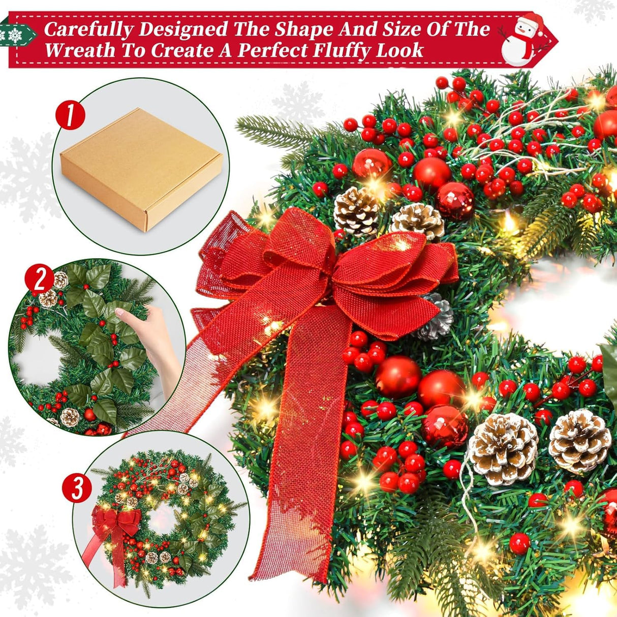 24In Prelit Christmas Wreath with 50 LED Lights, Large Christmas Wreath for Front Door Wreaths with Berries, Pine Cones for Door Fireplace Window Mantle Christmas Decoration Beinhome