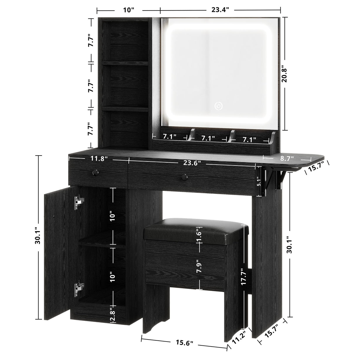 IRONCK Vanity Desk with LED Lighted Mirror & Power Outlet, Makeup Table with Drawers & Cabinet,Storage Stool,for Bedroom, Black IRONCK