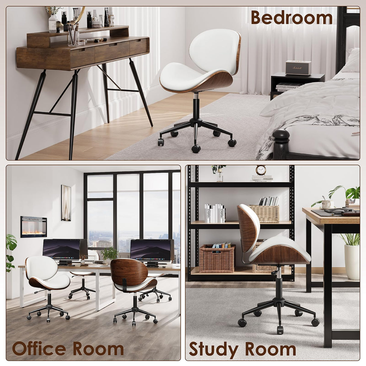 LUXOAK Ergonomic Home Office Desk Chair Set of 2, Mid-Century Modern Armless Chair with PU Leather/360°Swivel Wheels/Seat Height Adjustable for Office, Study, White LUXOAK