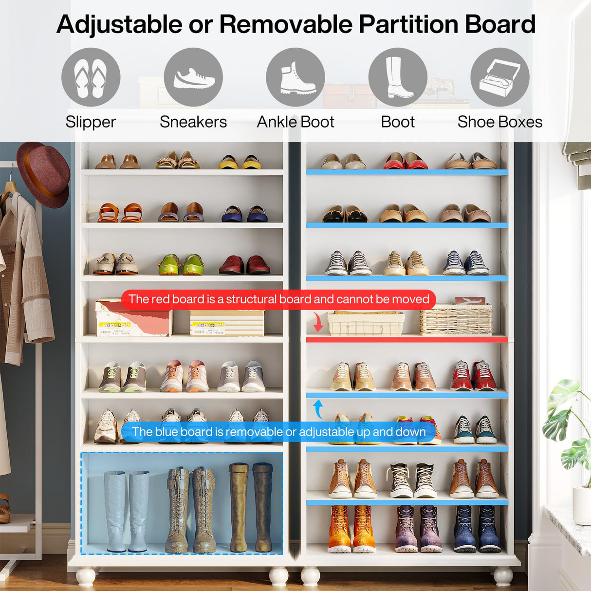 Tribesigns Narrow Tall Shoe Cabinet with LED Lighting, 9-Tier 30 Pairs Freestanding Shoes Storage Cabinet, Wood Shoe Organizer Cabinet with Solid Wooden Legs for Entryway (1, White) Tribesigns