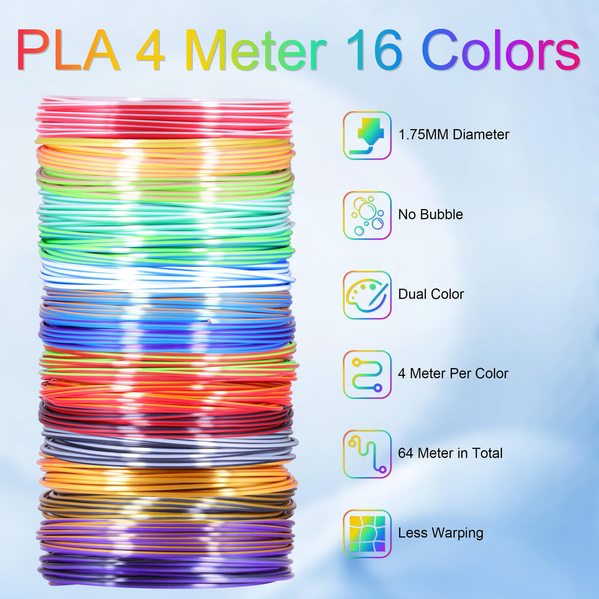 MIKA3D 2 Dual Color in 1 Silk PLA Filament Refill Sample Pack, 16 Different Dual Color Silk PLA, Each 4 Meter Length, Total 64m Silk Shiny Dual Color PLA 3D Printer 3D Pen Filament MIKA3D