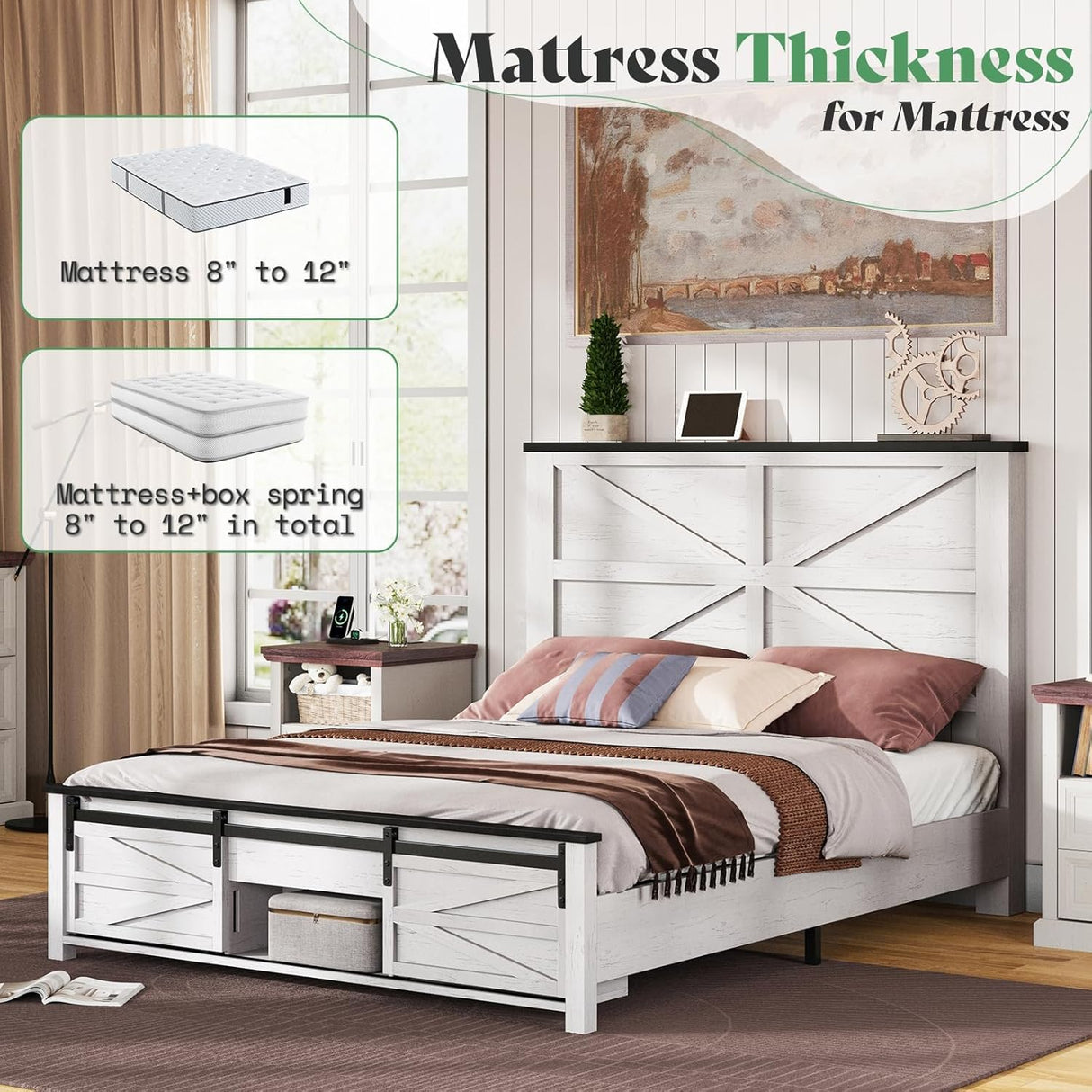 AMERLIFE 48.8" Farmhouse Wood Bed Frame Queen Size with Sliding Barn Door Storage Cabinets and Headboard, No Box Spring Needed, Solid Wood Slats Support,No Squeak,Antique White AMERLIFE