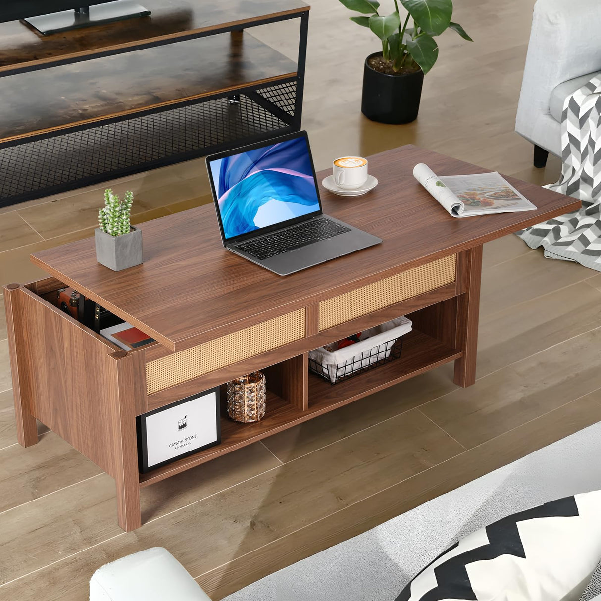 VOWNER Wood Lift Top Coffee Table with Large Hidden Compartment, Rattan Decorated Dining Table for Home Small Space, Bohemian Coffee Table with Storage for Home Living Room, Home Office, Espresso VOWNER