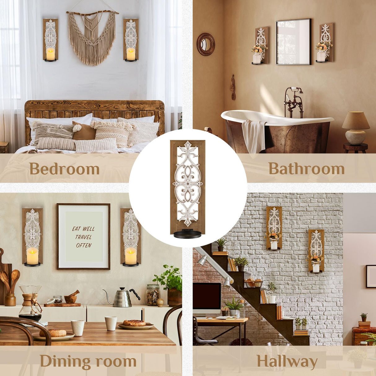 Rustic Wood Candle Sconces Wall Decor - Set of 2 Walasis Farmhouse Wall Candle Holder Decorative Carved Brown Candle Sconce Art Distressed Pillar Candles Holder for Fireplace Decor Walasis