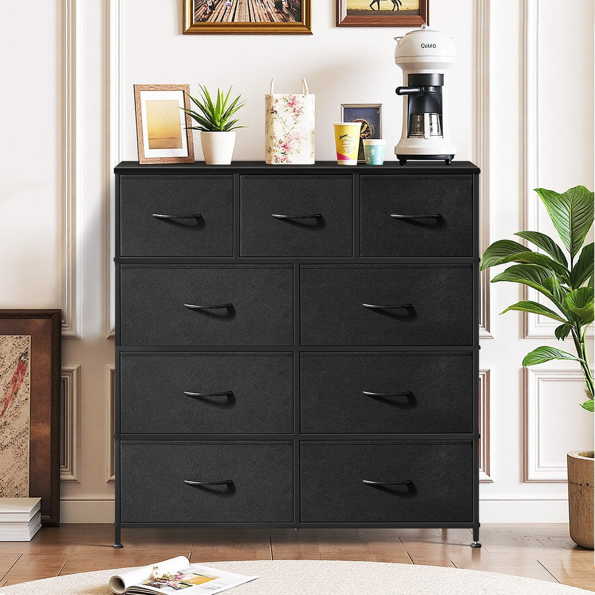 9-Drawer Dresser for Bedroom, Anti-Tip Tall Storage Organizer Chest of Drawers with Wooden Top and Metal Frame Fabric Bins for Closet, Living Room, Hallway, Entryway, Black SageNest