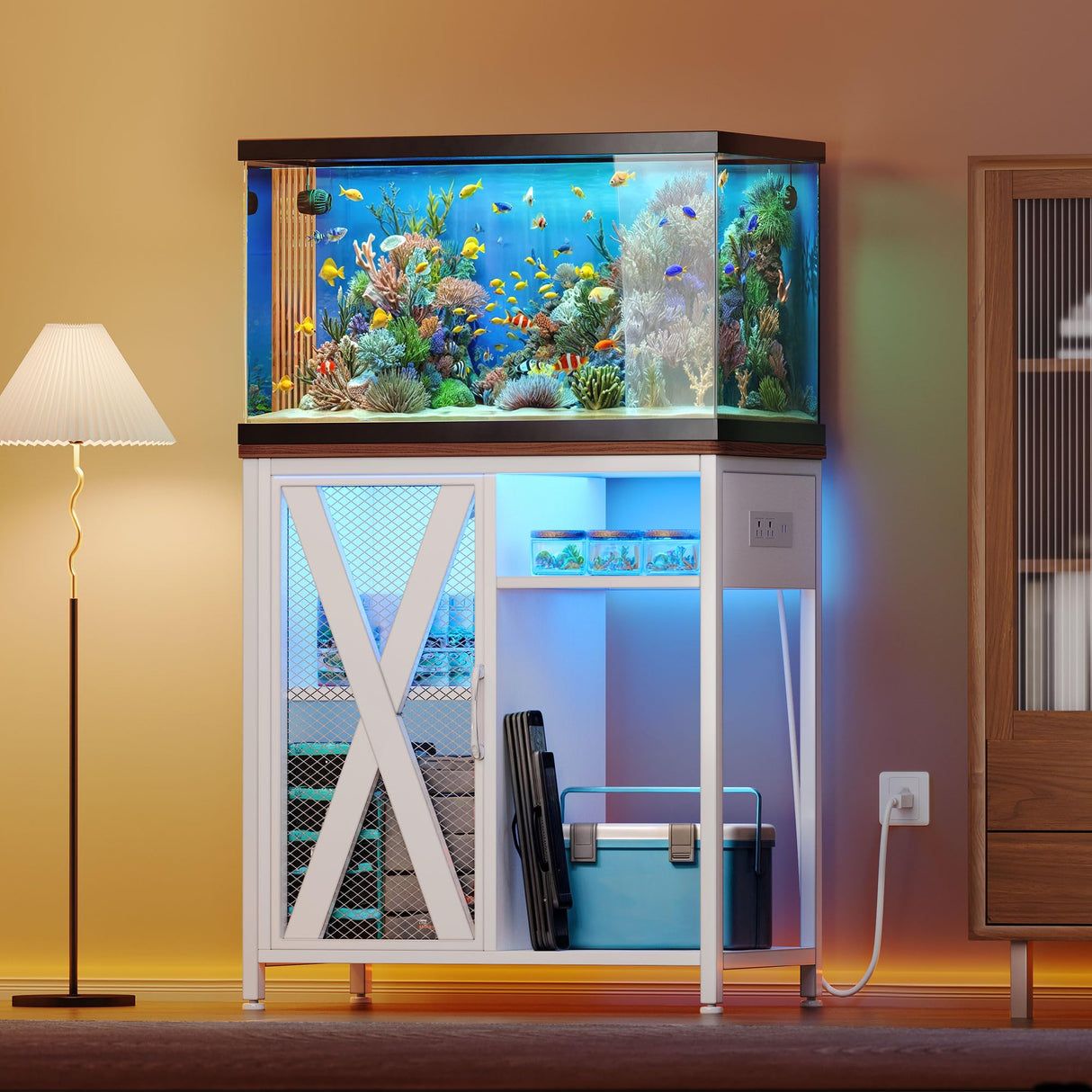 YITAHOME Fish Tank Stand with Power Outlets & LED Light, 20-29 Gallon Metal Aquarium Stand with Cabinet for Fish Tank Accessories Storage for Turtle Tank, Reptile Terrarium, 350LBS Capacity, White YITAHOME