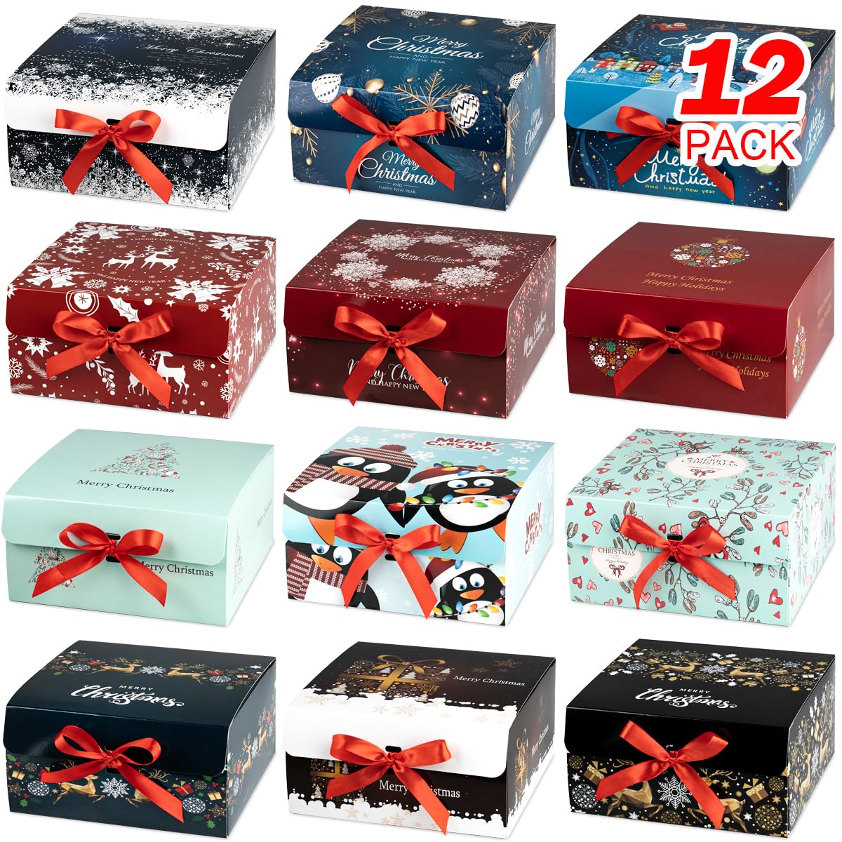ARTLYMERS Christmas Gift Boxes with Lids, 12 Pack Gift Boxes and Red Ribbon Christmas Themed Pattern Small Gift Boxes for Christmas Presents Gifts Easy Assemble ARTLYMERS
