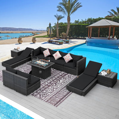 NICESOUL 11 Piece Outdoor Patio Conversation Set with Fire Pit Natural Gas/Propane, 29.3'' High Back Sectional Furniture w/Chaise Lounge, Deep Large Seating Sofa Couch, 2 Color Cushion Black & Gray
