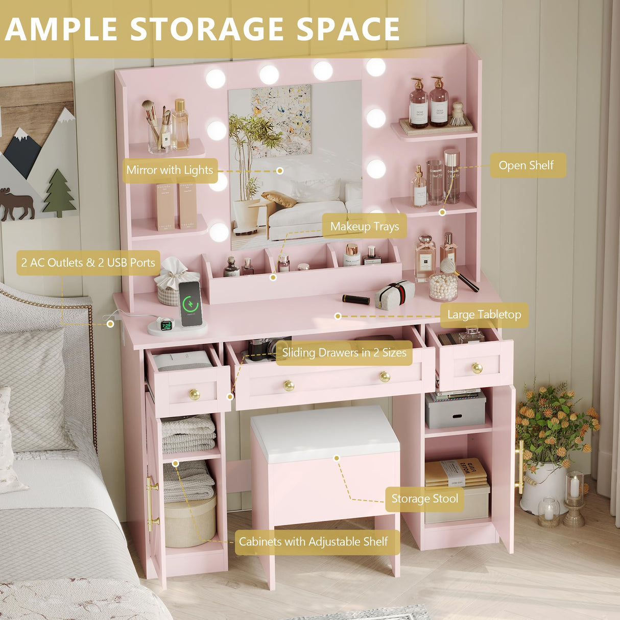 Vanity Makeup Desk with Mirror and Lights, Farmhouse Vanity Table Set with Storage Drawers, Charging Station & Chair, 43" Large Rustic Dressing Table, 3 Lighting Modes for Women Girls Bedroom, Pink Xixini