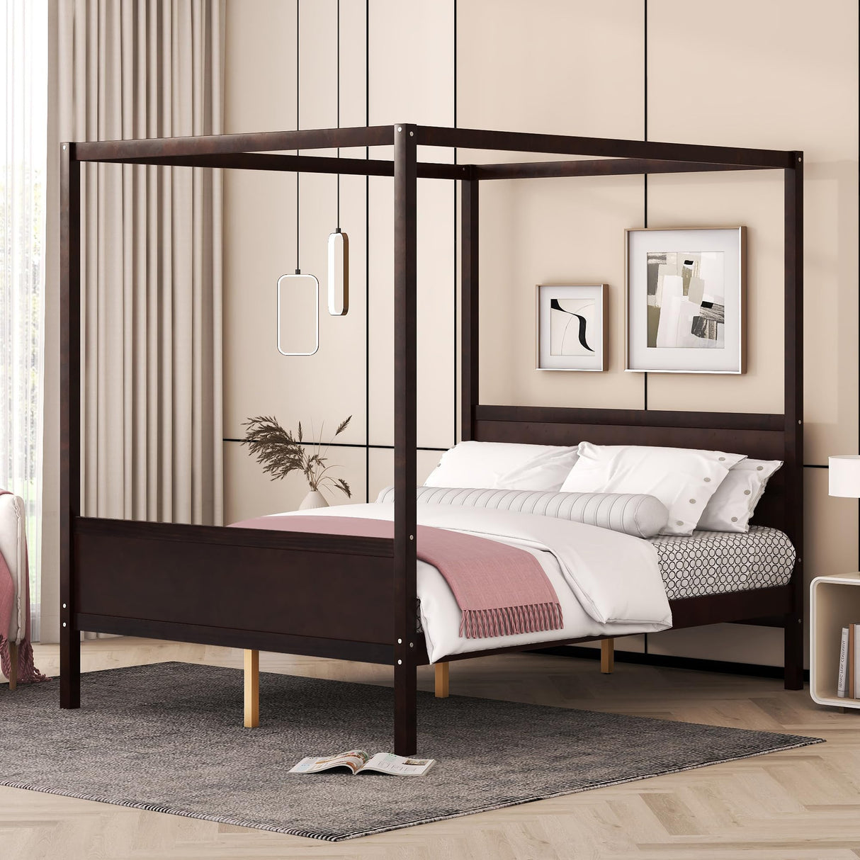 Merax Queen Size Canopy Bed with Headboard and Footboard, Solid Wood 4 Posters Platform Bed with Slat Support Leg, No Box Spring Needed, Espresso Merax