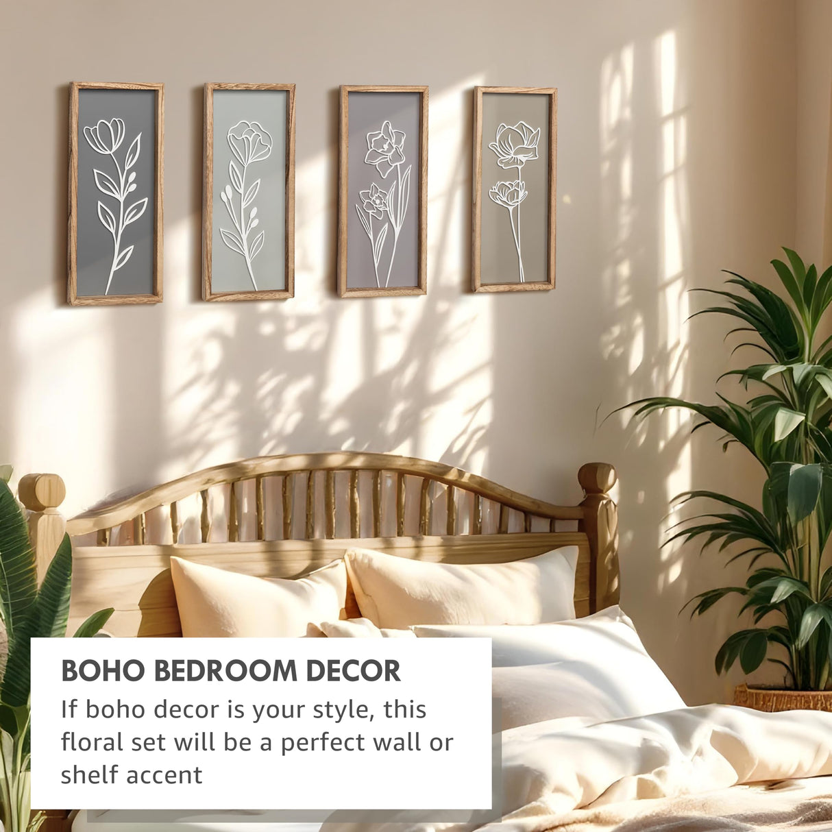 3D Wooden Floral Bathroom Wall Decor (Set of 4) Lightweight, Ready-to-Hang Framed Wall Art For Living Room, Bedroom, or Office - Premium Boho Botanical Farmhouse Decorations - Gift-Boxed Tide and Tales