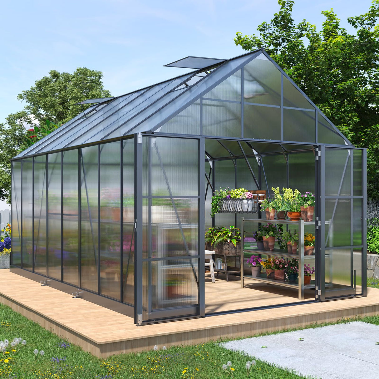 HOWE 10x16x10 FT Polycarbonate Greenhouse 6.3FT Added Wall Height Walk-in Large Aluminum Greenhouse Double Swing Doors 4 Vents, Sunroom Winter Greenhouse for Outdoors, Black HOWE