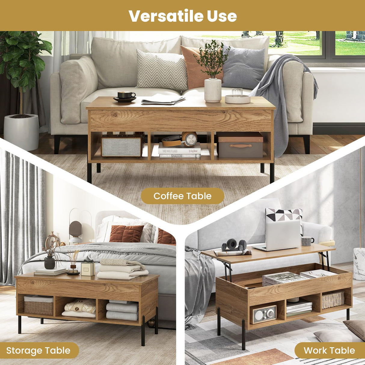 Tangkula Lift Top Coffee Table with Metal Legs, Rising Center Table w/Hidden Compartment & 3 Open Cubbies, Multifunctional Wood Dining Working Table for Living Room Reception Room (Natural) Tangkula