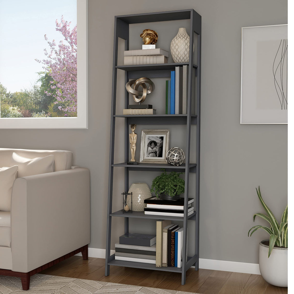 Alaterre Furniture 5-Tier Ladder Bookshelf - Leaning Decorative Shelves for Display - Wood Shelf for Living Room, Bathroom, and Kitchen Storage (Gray) Alaterre Furniture