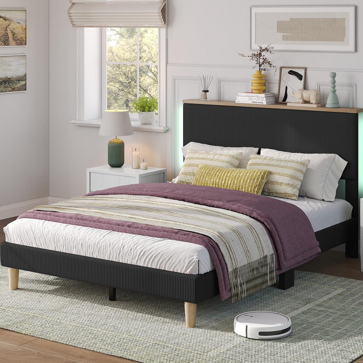 Bestier Queen Bed Frame with Adjustable Headboard & LED Lighting, Corduroy Upholstered Platform Bed Frame with Storage Shelf, Solid Wood Slats, No Box Spring Needed, Never Squeak, Easy Assembly, Black Bestier