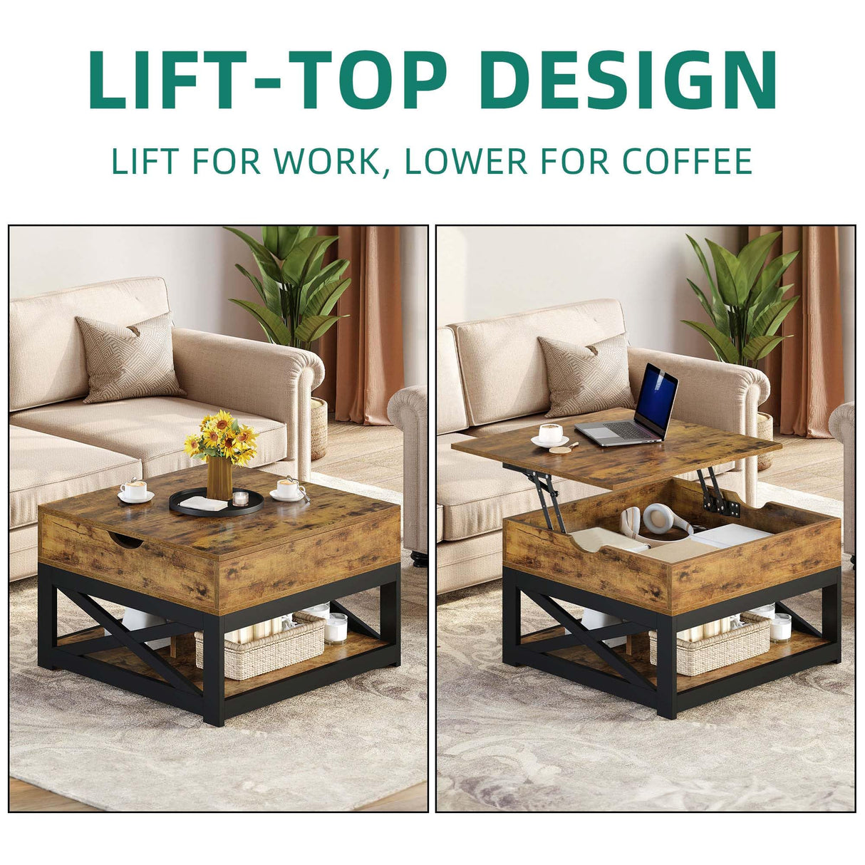 YITAHOME Lift Top Coffee Table with Storage, Farmhouse Coffee Tables for Living Room, Square Coffee Table with Lifting Top Wooden Coffee Tables Center Cocktail Table, Rustic Brown YITAHOME