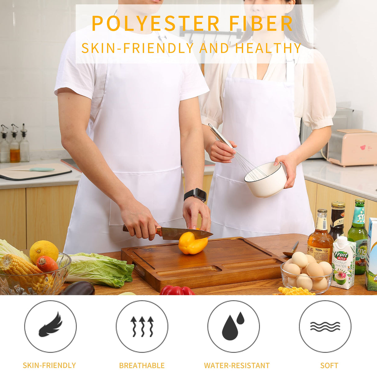 Tosewever 2 Pack Adjustable Bib Apron, Waterdrop Resistant Aprons with 2 Pockets Cooking Kitchen Restaurant Aprons for Women Men Chef, BBQ Drawing Crafting Outdoors (Polyester-White, 2) Tosewever