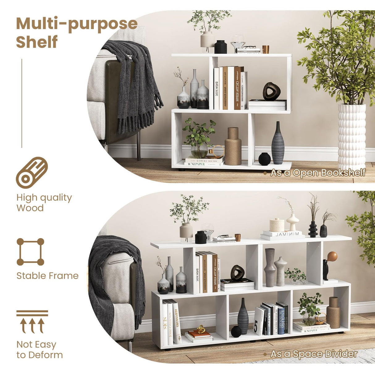 Tangkula 2 Tier Geometric Bookshelf, Freestanding Wood Display Shelf, Home Office Room Divider S Shaped Open Bookcase, Small Bookshelf for Small Spaces, Living Room, Study (White, 1) Tangkula