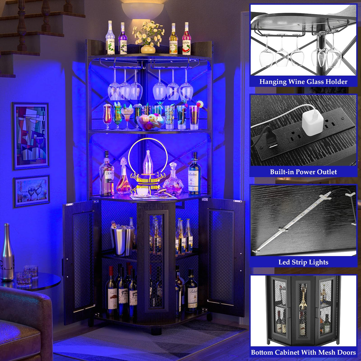 Aheaplus Corner Bar Cabinet with Power Outlet, Industrial Wine Cabinet with LED Strip and Glass Holder, 5-Tiers Liquor Cabinet Bar Unit for Home, Corner Display Cabinet for Small Space, Black Aheaplus