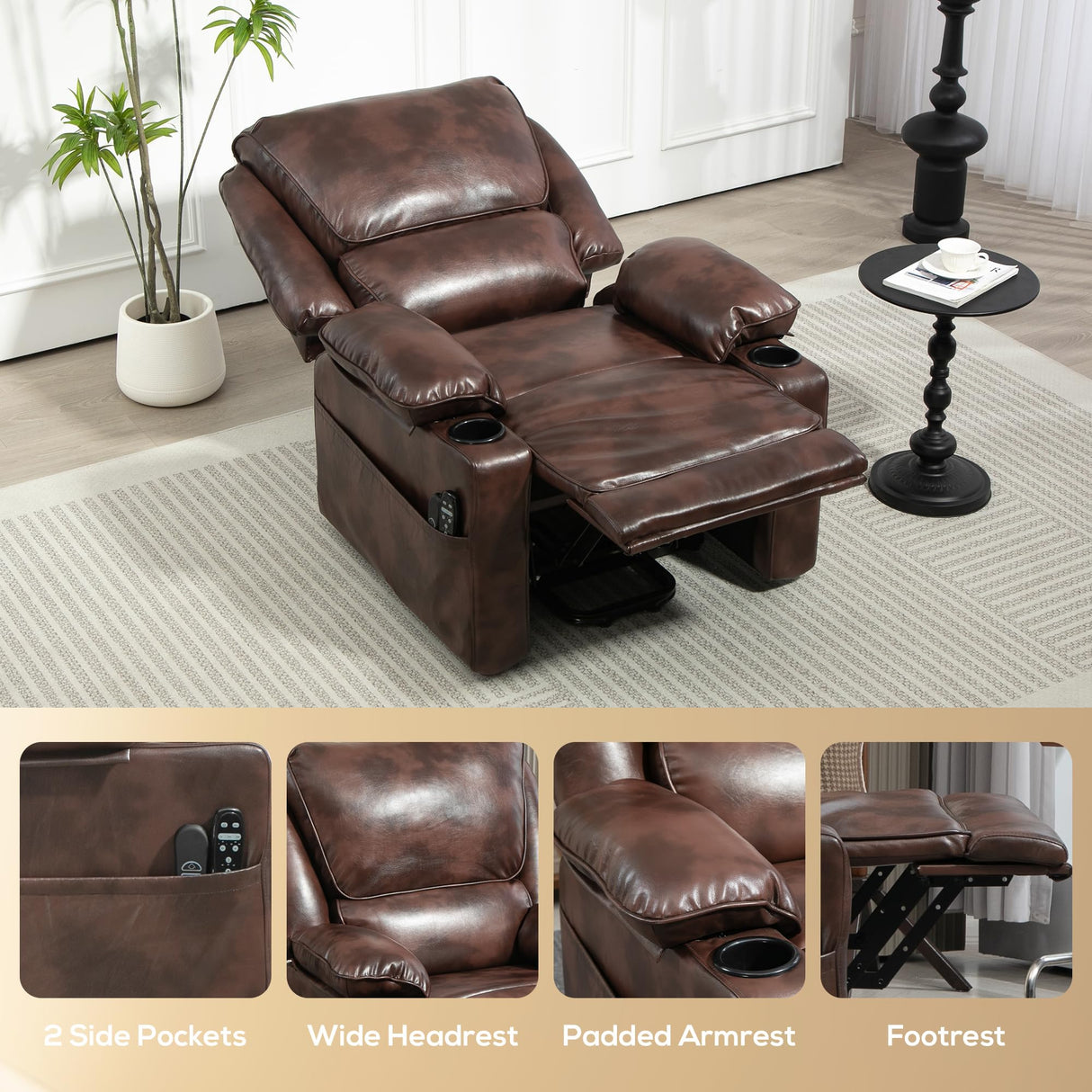 HOMCOM Power Lift Recliner Chair Sofa with Vibration Massage and Heat, Faux Leather Wide Lift Chair for Elderly, Overstuffed Reclining Chair with Remote Control, USB Port and Side Pockets, Brown HOMCOM