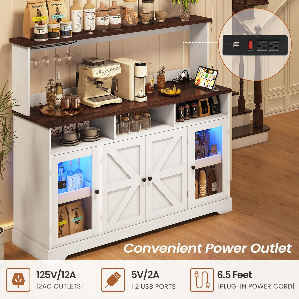 Hasuit Farmhouse Sideboard Buffet Cabinet with Goblet Holder & Power Outlet, Coffee Bar Storage with RGB LED Light and Adjustable Shelf for Kitchen Living Room (White) Hasuit