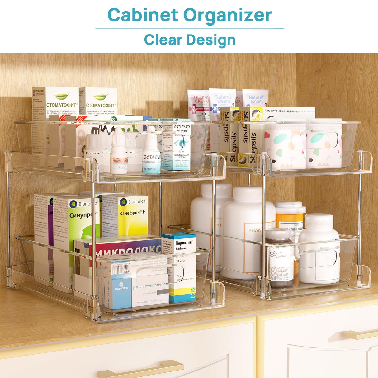 Vtopmart 4 Pack Bathroom Organizer, 2 Tier Clear Under Sink Organizers Vanity Countertop Storage Container,Cabinet Drawers Bins, Pull-Out Organization with Track for Pantry, Kitchen Vtopmart