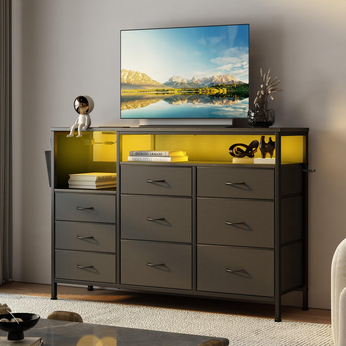 KUREEISE TV Stand Dresser with Charging Station& LED Lights, 9 Drawers Dresser with Open Storage Shelf & Side Pocket, 51" Media Console with PU Finish, for 32-60 Inch TVs, for Living Room, Hallway KUREEISE