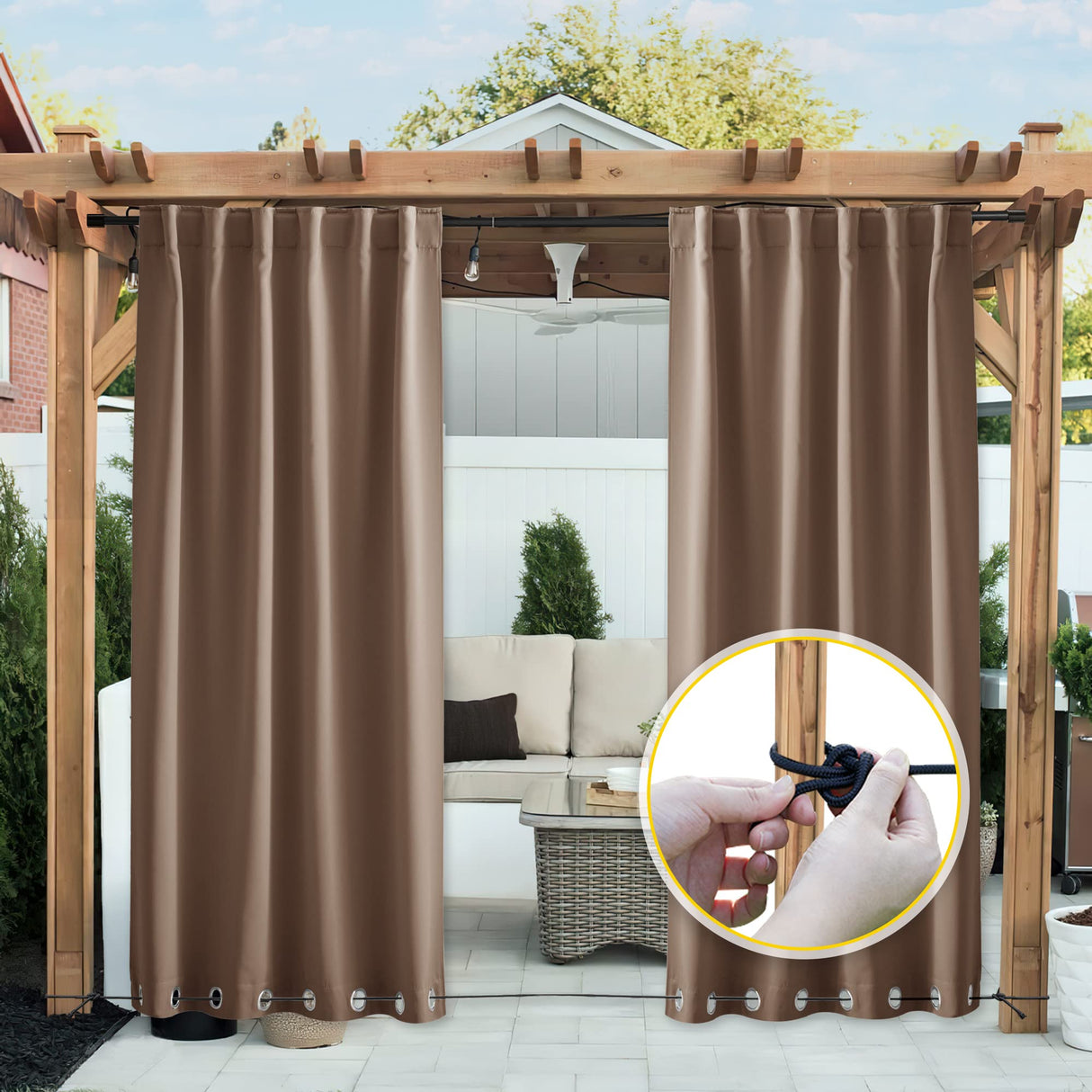 NICETOWN 2 Panels Weighted Blackout Curtains Patio Waterproof Outdoor Curtains, Thermal Insulated Top & Bottom Grommet & Back Tab Wind-Break Drapes Privacy for Pergola, W52 by L84, Tan-Khaki NICETOWN