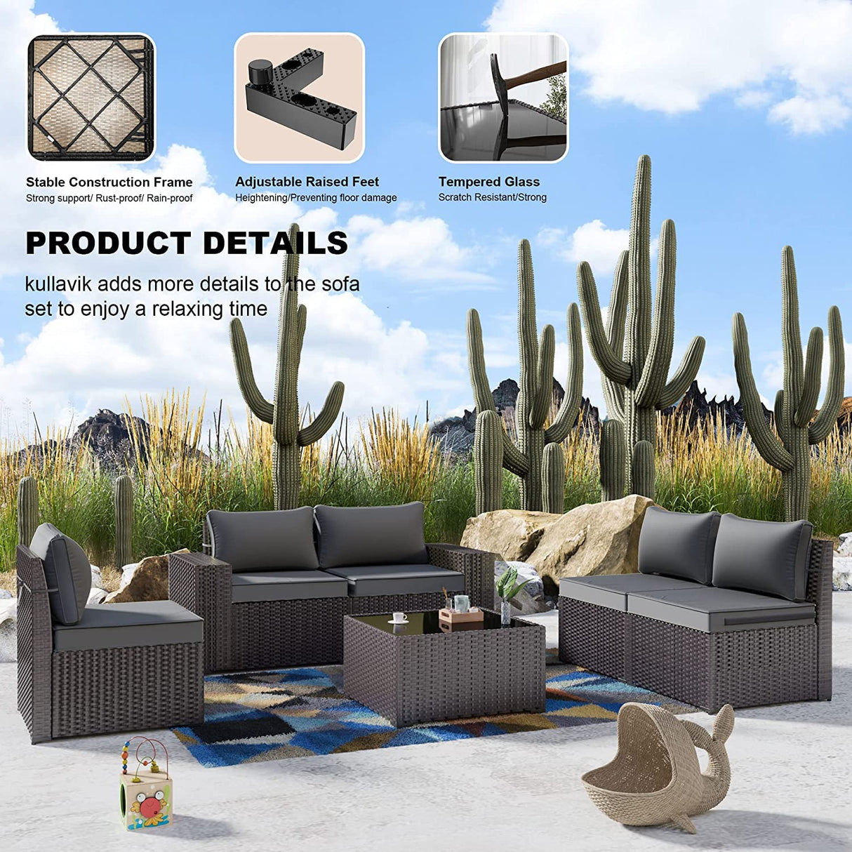 Kullavik Outdoor Patio Furniture Set,12 Pieces Sectional Rattan Sofa Set Brown PE Rattan Wicker Patio Conversation Set with 10 Seat Cushions and 2 Tempered Glass Coffee Table,Grey Kullavik