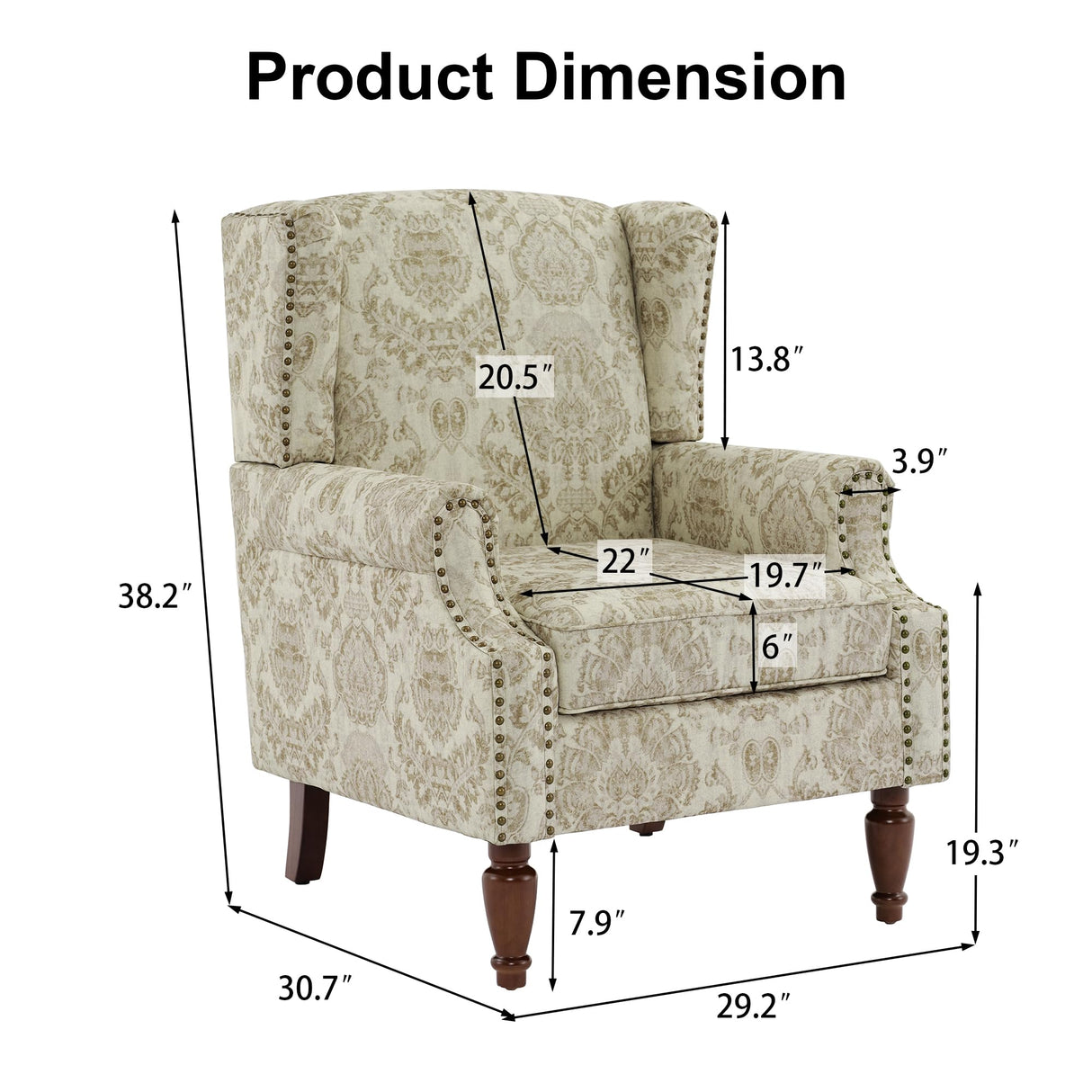 Pia Ricco High Back Floral Accent Chair - Retro Wingback Upholstered Armchair with Nailhead Trim, Solid Wood Legs, Fabric Living Room Bedroom Reading Chair (Flower White) Pia Ricco