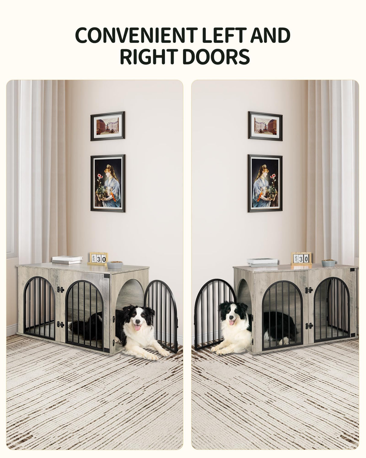 Hzuaneri 39.4'' Dog Crate Furniture, Dog Kennel Indoor Arched Door Design, Wooden Dog Crate Furniture for Small/Medium/Large Dog, Side Table, TV Stand, Anti-Chew, Anti-Escape, Greige Black Hzuaneri