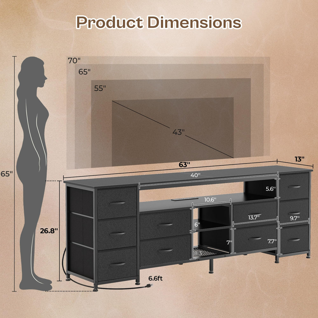 Huuger 63 Inch LED TV Stand Dresser with Power Outlets, USB-C Port and LED Lights, 10 Fabric Drawer Dresser for Bedroom, Long Entertainment Center for 65, 70 Inch TV, Open Shelves, PU Leather, Black Huuger