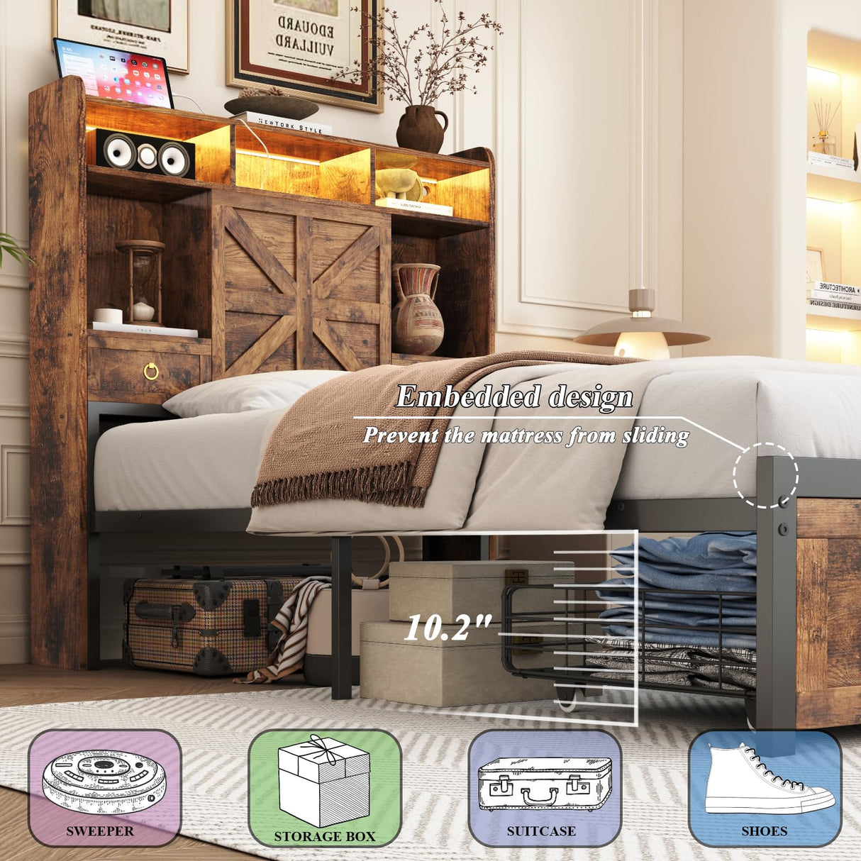 TIGUBFRE Twin Size Bed Frames with Storage Headboard and 3 Drawers, Farmhouse Platform Bed Frame with Charging Station & LED Lights, Metal Slats Support, Noise Free, No Box Spring Needed, Rustic Brown TIGUBFRE