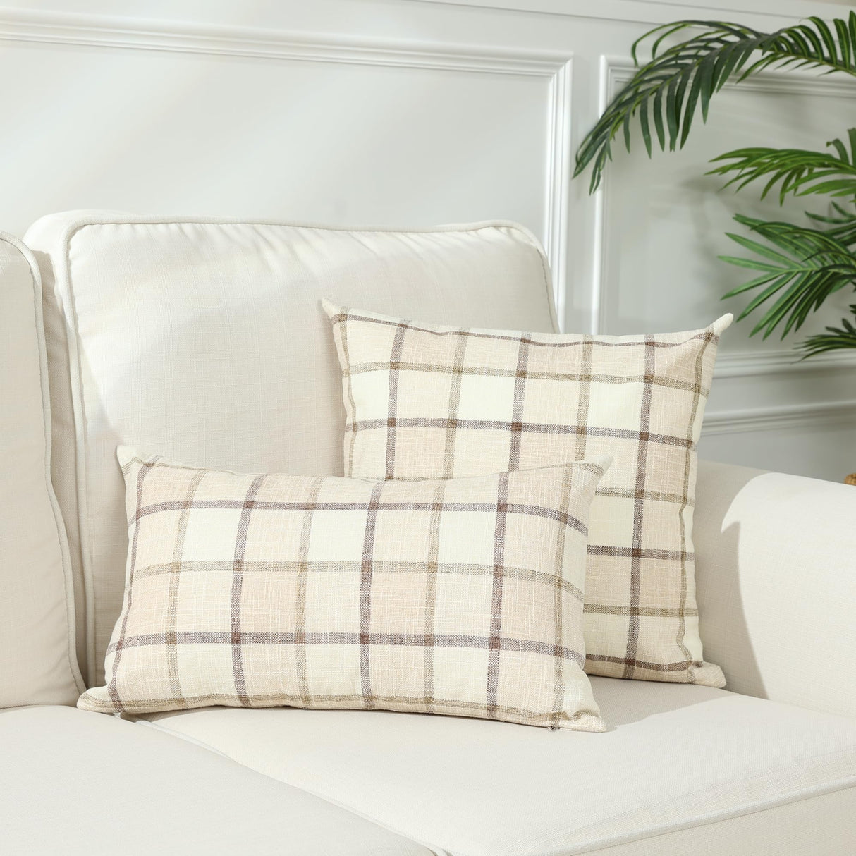 Stellhome Fall Linen Buffalo Check Throw Pillow Covers, Autumn Farmhouse Plaid Decorative Cushion Covers for Couch Sofa Living Room, Pack of 2, 18x18 Inch, Beige Stellhome