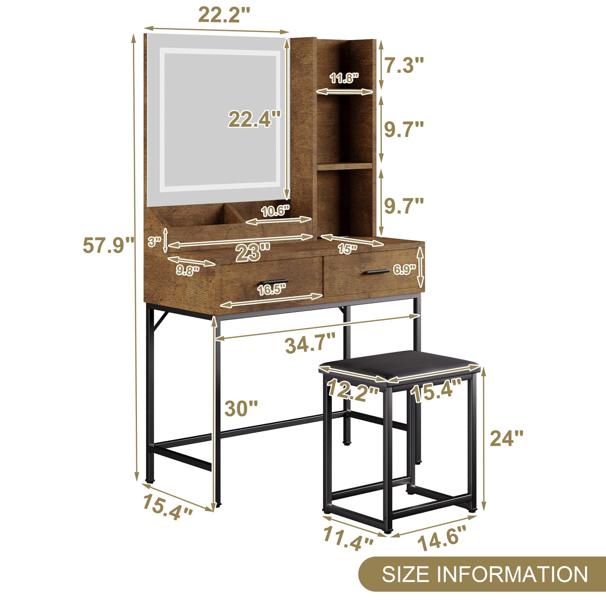 Aklaus Vanity Desk Worn Wood Brown Vanity Table with Light Mirror Small Corner Distressed Wood Makeup Vanity with Stool Modern Dressing Table for Bedroom Walk-in Closet Bathroom Powder Room Aklaus