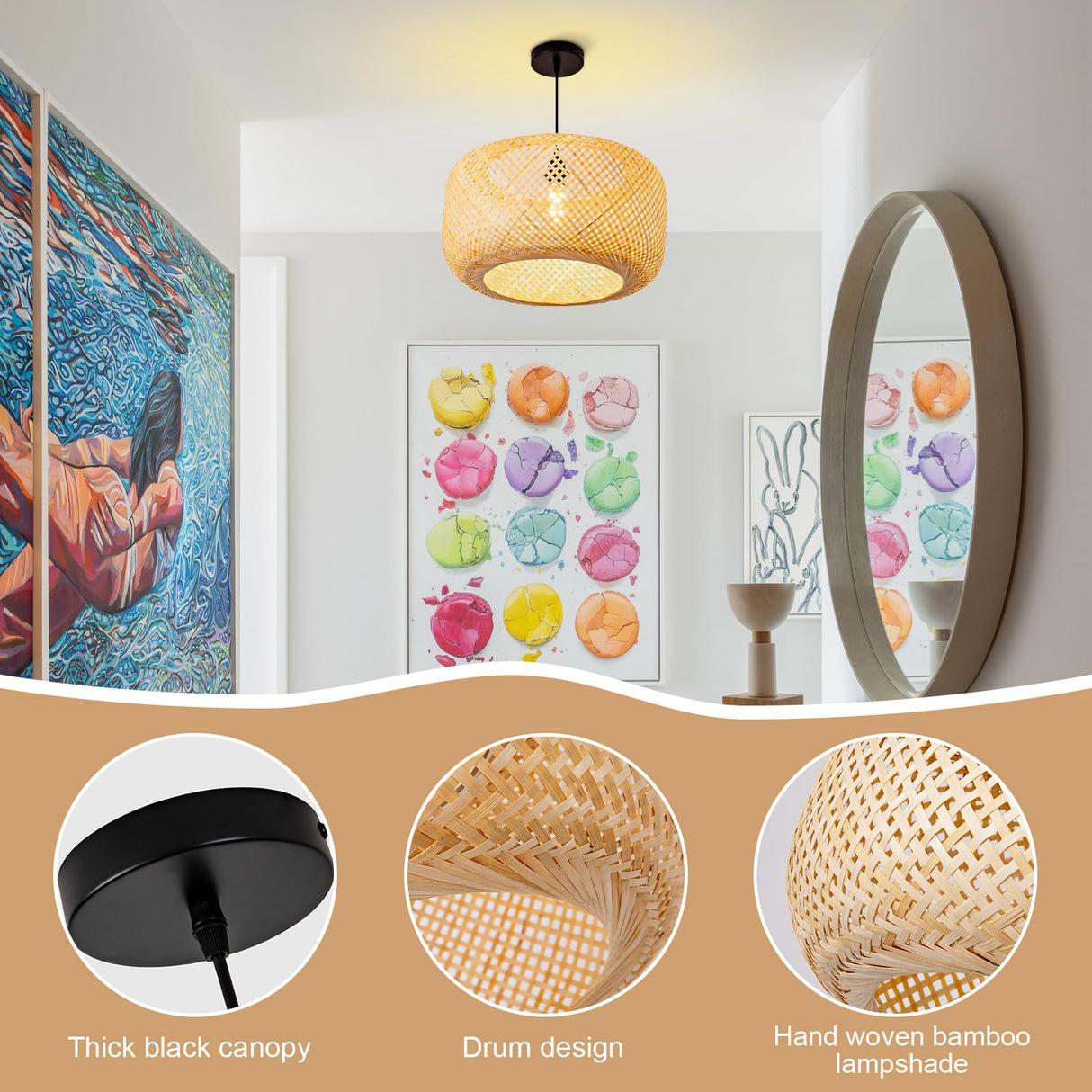 LUJOGUID 17.72in Bamboo Drum Light Rattan Wicker Hand Woven Lighting Fixture Boho Coastal Beach Chandelier Hanging Basket Lights for Kitchen Island Dining Room Restaurant Hallway Foyer LUJOGUID