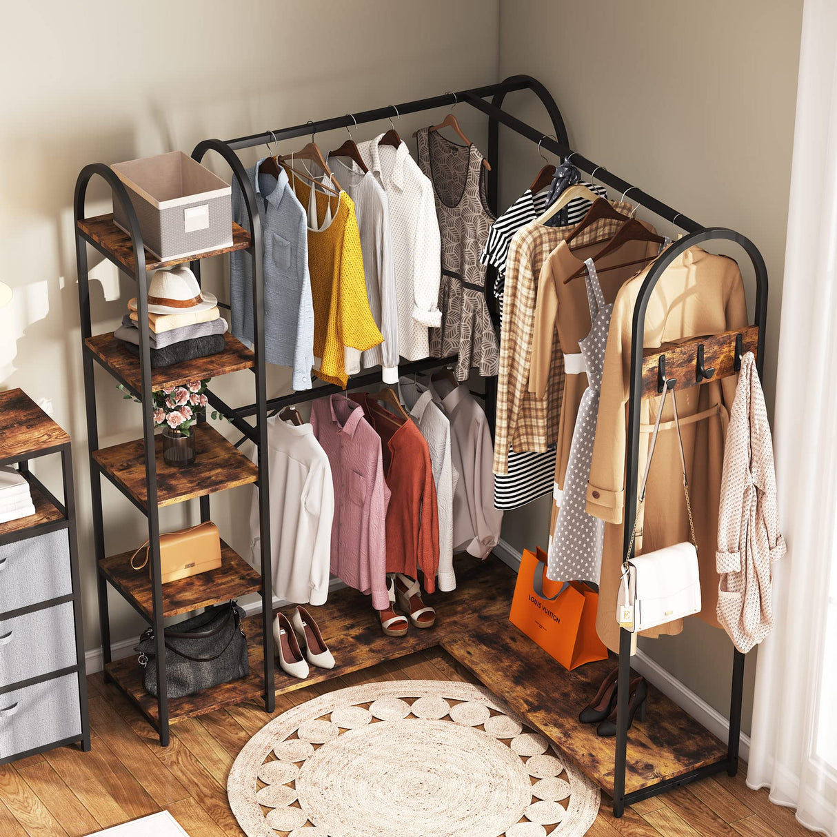 Tribesigns L Shape Clothes Rack, Corner Garment Rack with Storage Shelves and Hanging Rods, Space-Saving Large Open Wardrobe Closet for Bedroom Tribesigns