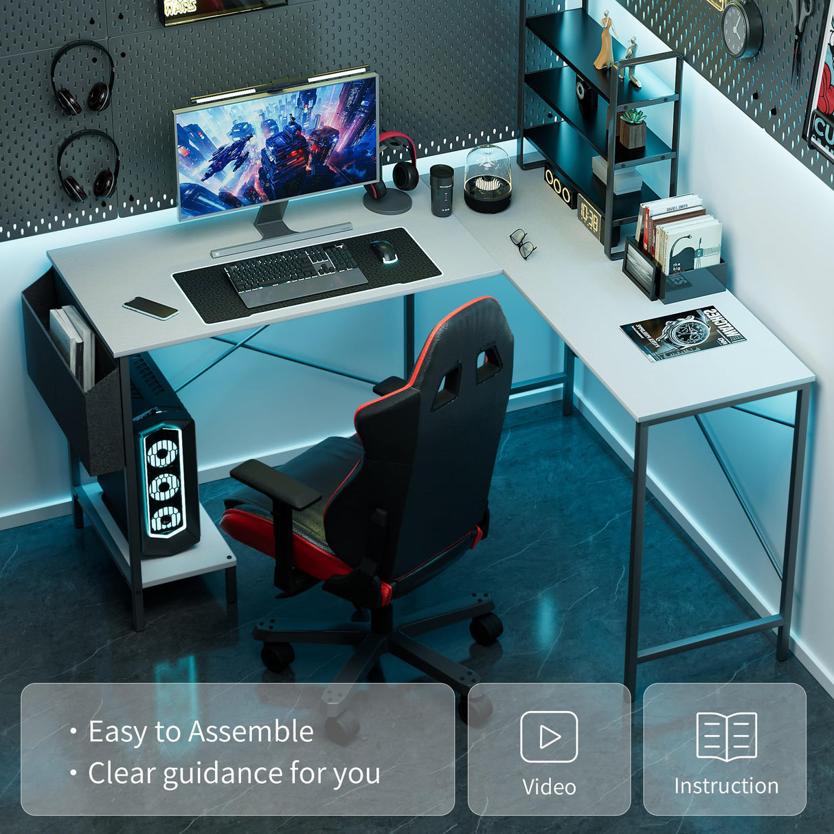 infiniPower L Shaped Desk Gaming Computer 50 Inch Reversible Corner Table PC Work Table for Writing Study Student with Wood Tabletop Metal Frame CPU Stand Side Bag for Home Office Small Place InfiniPower