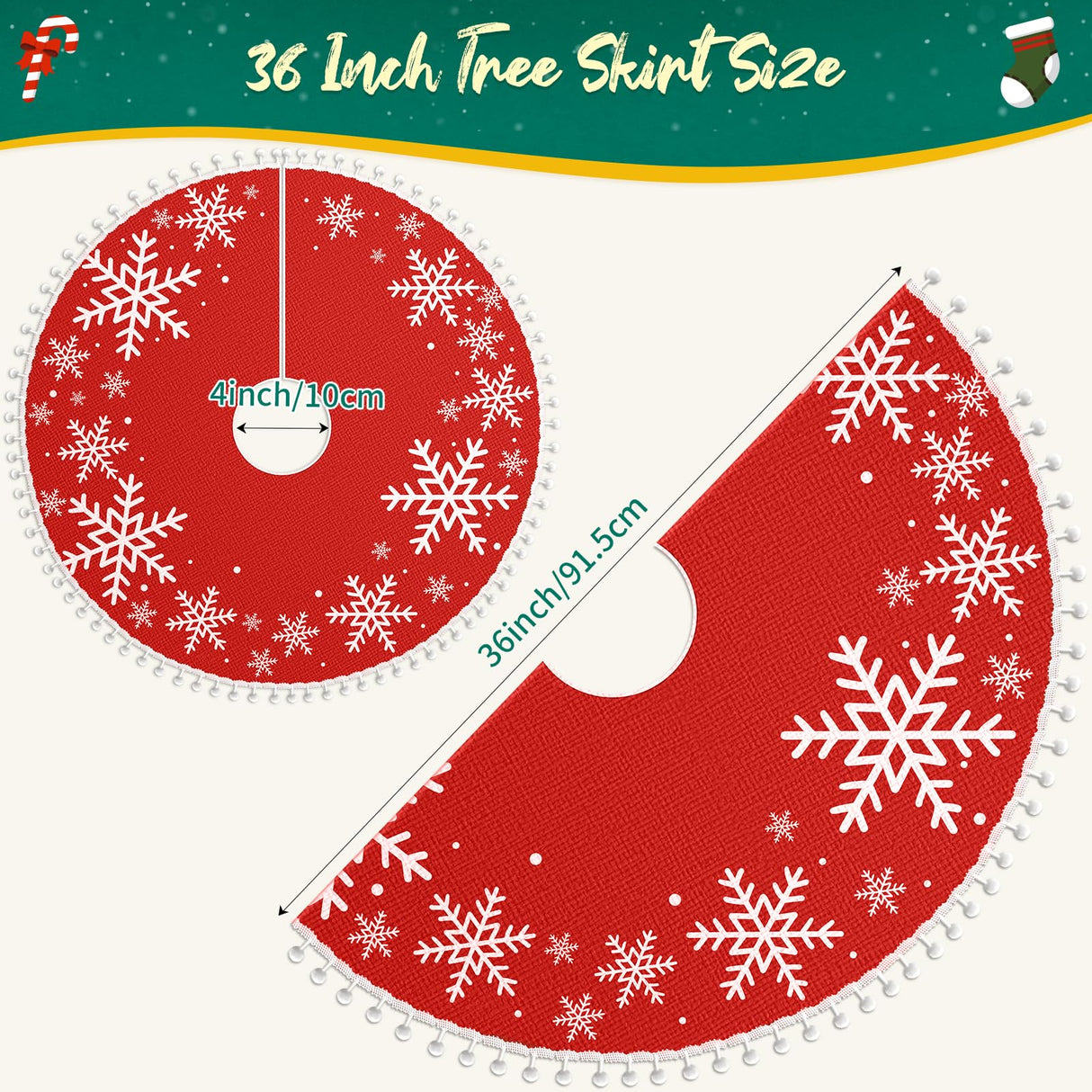 EverMerry Christmas Tree Skirt, 36 Inch Red Large Xmas Tree Skirt, Christmas Tree Skirts with White Snowflake Printed & Pom Pom Edge, Indoor Outdoor Christmas Ornaments, New Year, Holiday Decorations EverMerry