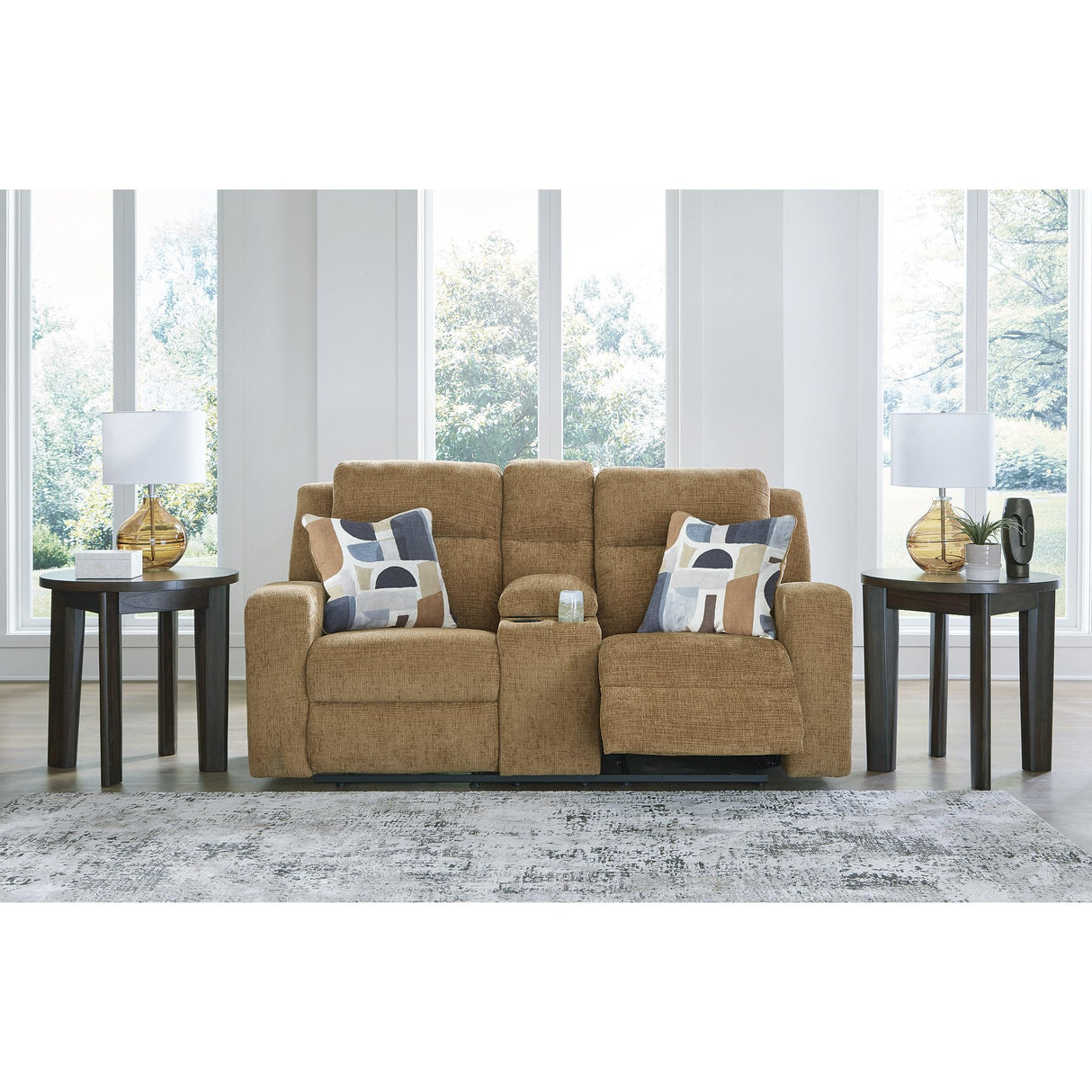Signature Design by Ashley Kanlow Contemporary Manual Double Reclining Loveseat with Console, Storage, Cup Holders and 2 Accent Pillows, Light Brown Signature Design by Ashley