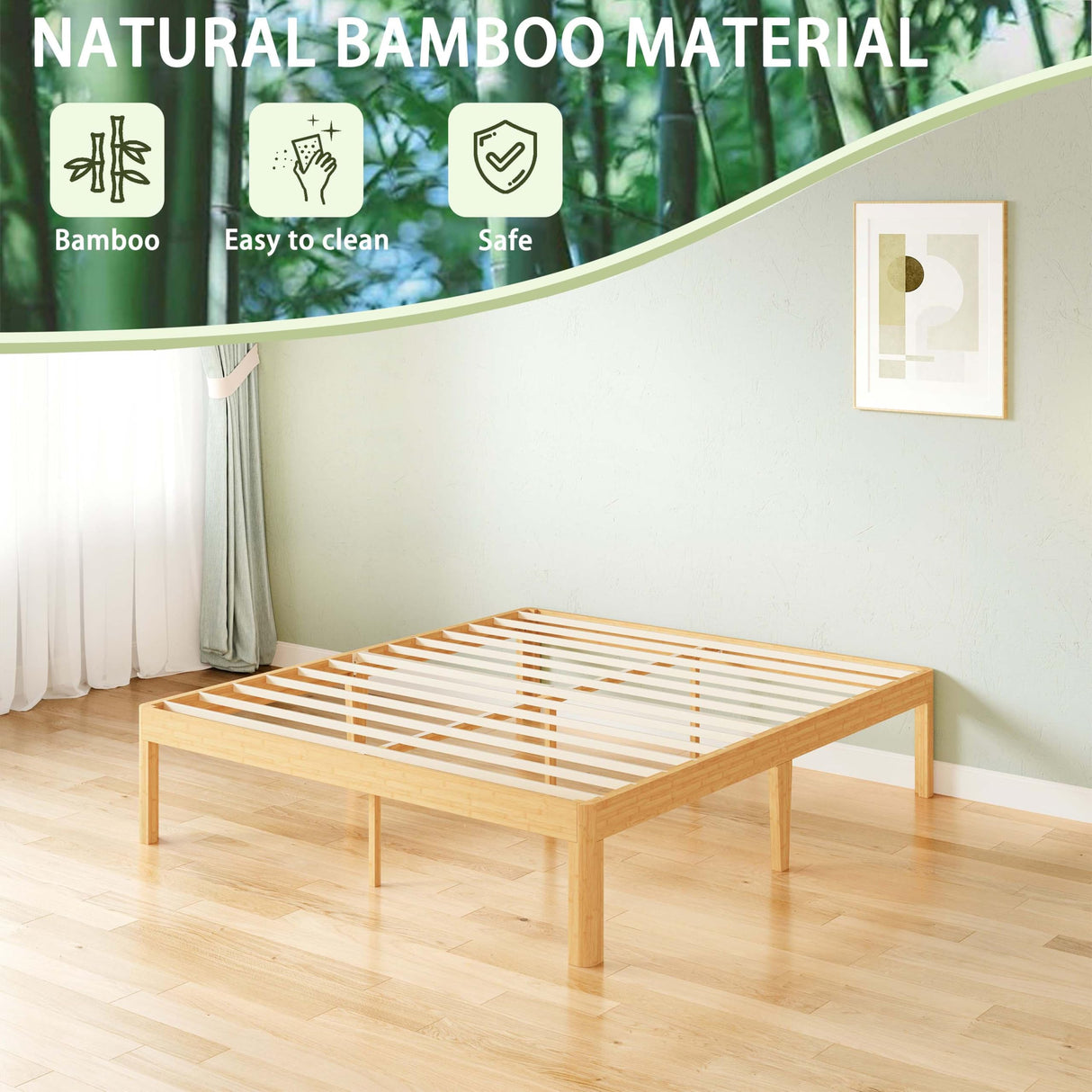 ZIYOO 18 Inch Queen Size Natural Bamboo Platform Bed Frame, Modern Minimalist Design, Easy Assembly, Heavy Duty Support, No Box Spring Needed ZIYOO