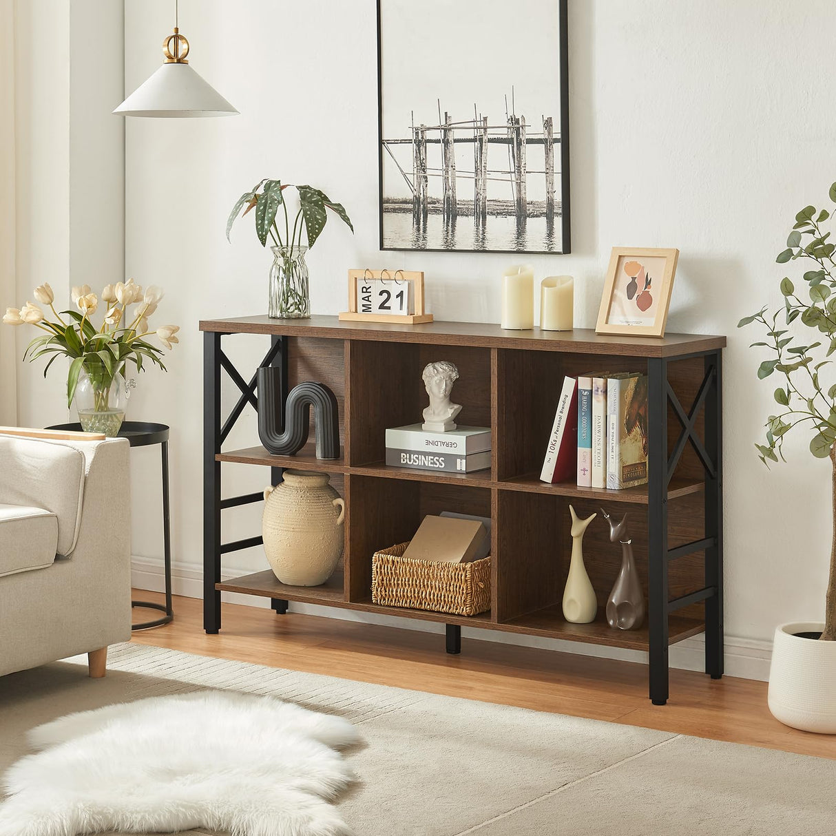 HOMBAZAAR Cube Storage Organizer Shelf, Industrial Horizontal Bookshelf with 6 Cubes, Rustic Low Cubby Bookcase with 3 Shelves, Short Wide Book Case for Office,Living Room,Apartment,Brown HOMBAZAAR