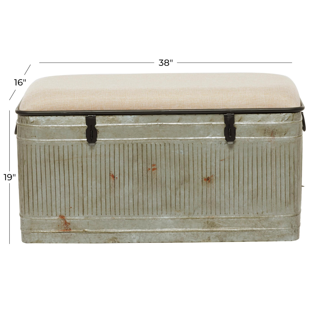 Deco 79 Metal Room Storage Bench Galvanized Entryway Bench with Cream Burlap Top and Black Latches, Bench 38" x 16" x 19", Gray Deco 79