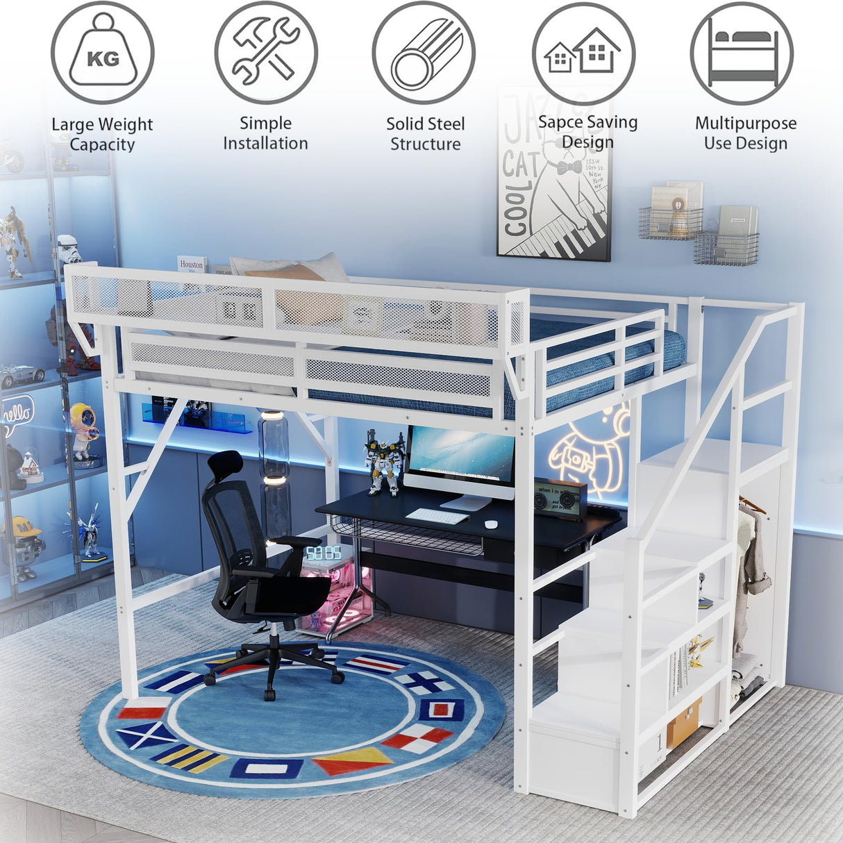 Duxelifin Queen Size Loft Bed with Staircase, Metal Loft Beds with Storage Shelves & Wardrobe, High Lofted Bed Frame, Loft Tall Bed for Boys Girls and Teens, No Box Spring Needed (White) Duxelifin