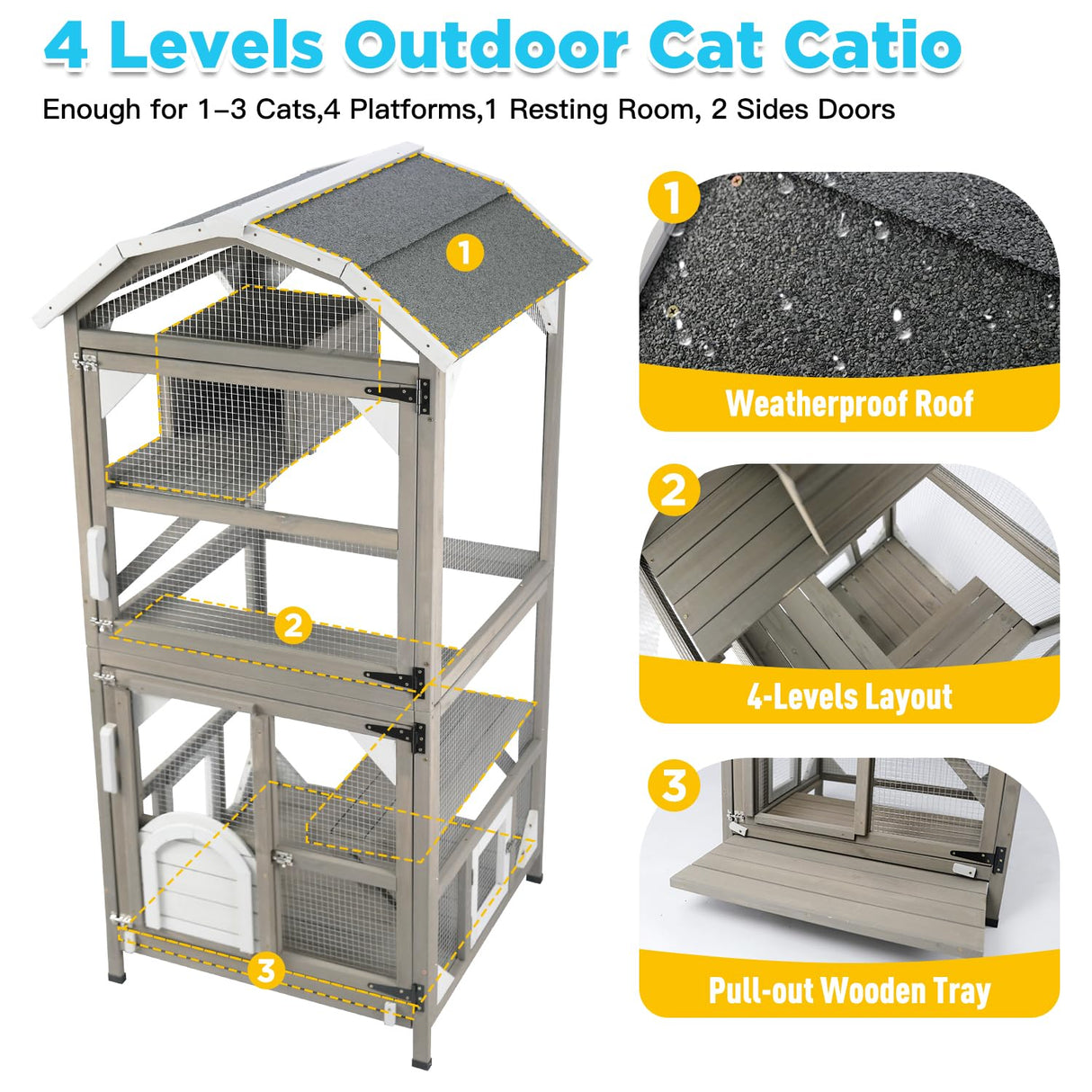 Gowoodhut 71'' Large Cat House Outdoor Catio Enclosures Indoor Kitten Cages with Attachable Window Resting Box,Waterproof Roof Gowoodhut
